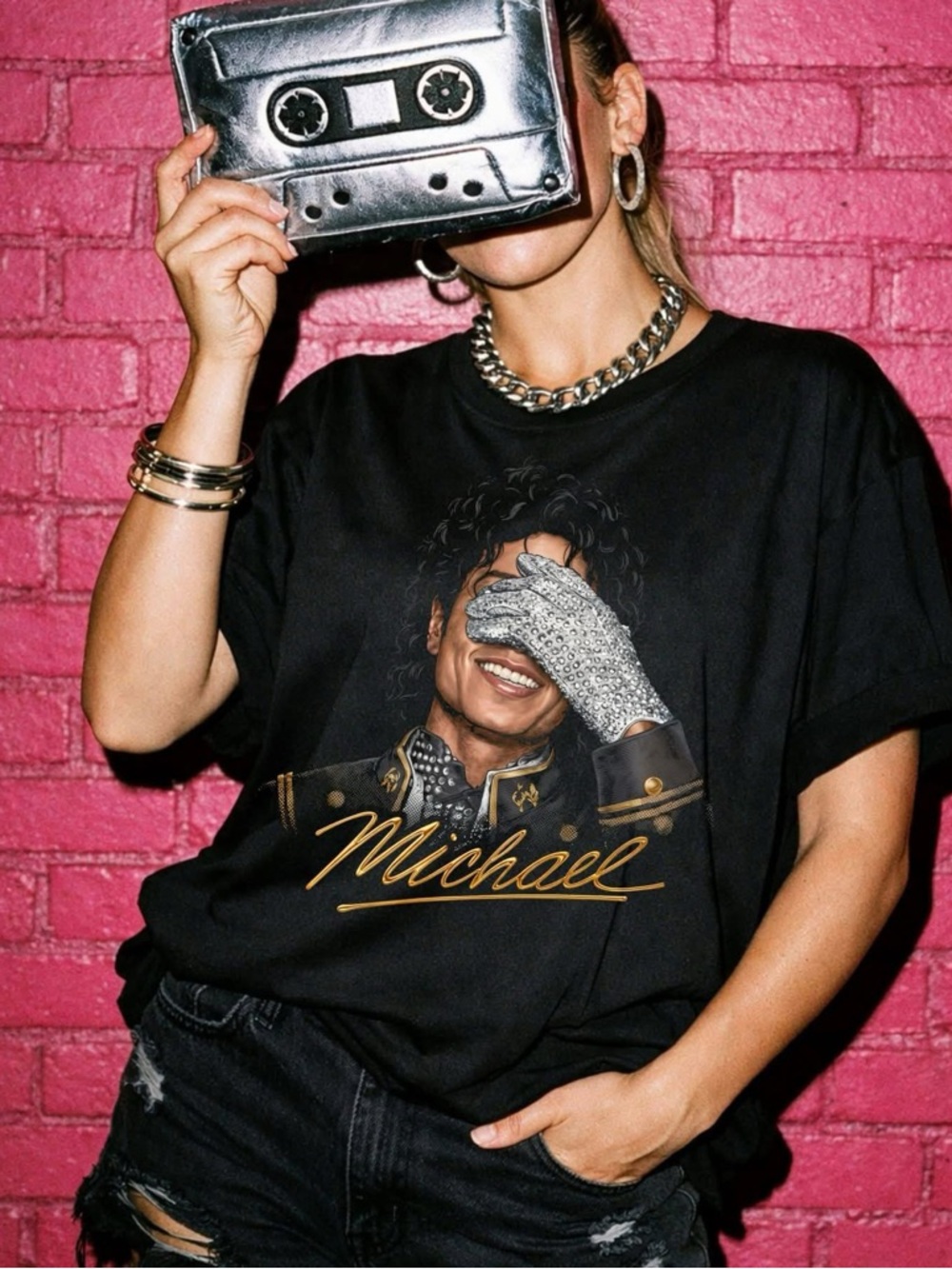 Black Graphic 'Michael' T-Shirt with Metallic Accent XS-3X